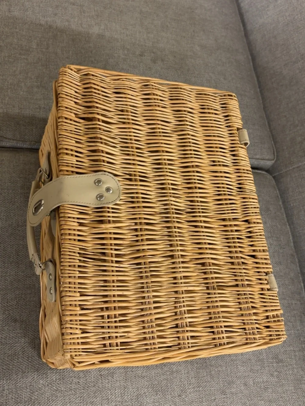 Picnic Wicker Basket Set with Brown Plaid Lining and Cream Accents